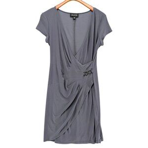 Scarlette Nite Faux Wrap Sheath Dress Grey Short Sleeve Ruched Pleated Size 10
